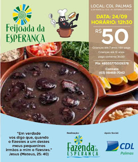 Feijoada beneficente da Fazenda da Esperança será dia 24/09, em Palmas
