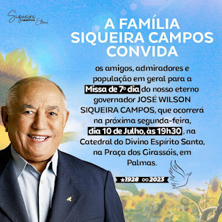 Missa de 7o Dia de Siqueira Campos será na Catedral do Divino Espírito Santo 