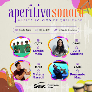 Confira a programação do Aperitivo Sonoro deste mês de março em Palmas 